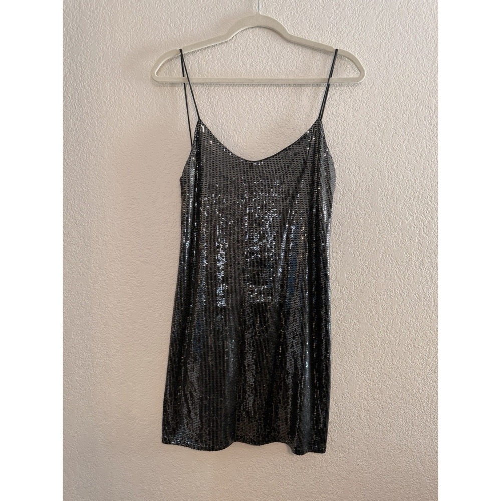 ZARA Womens Small Black Silver Sequin Slip Mini Dress Scoop Back Party Clubwear
